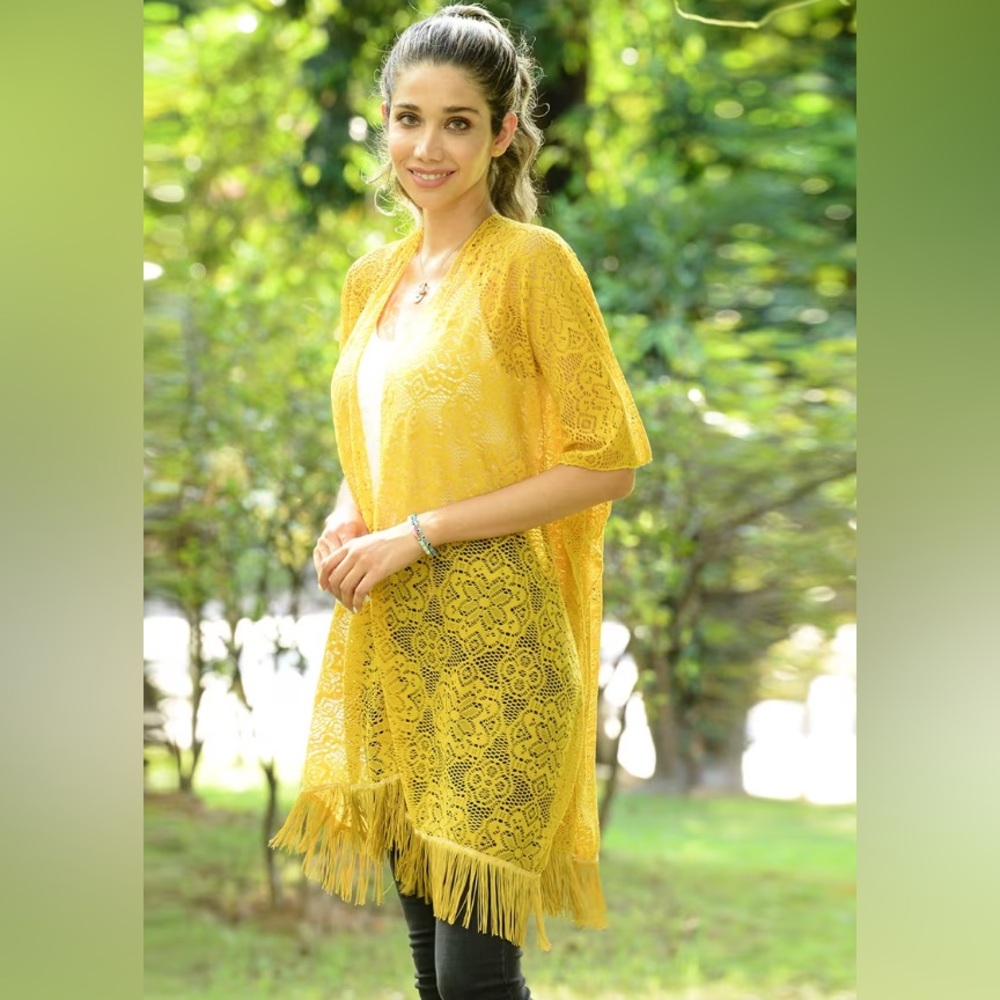 Jovie Citrine Lace Open Front Kimono with Fine Fringe Hem